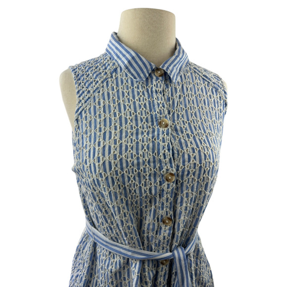 By Anthropologie Kismet Shirtdress Eyelet Lace Stripe Dress Anthro 12P 12 Petite - Picture 8 of 16